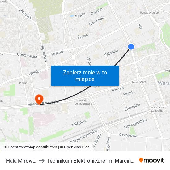 Hala Mirowska 04 to Technikum Elektroniczne im. Marcina Kasprzaka nr 36 map