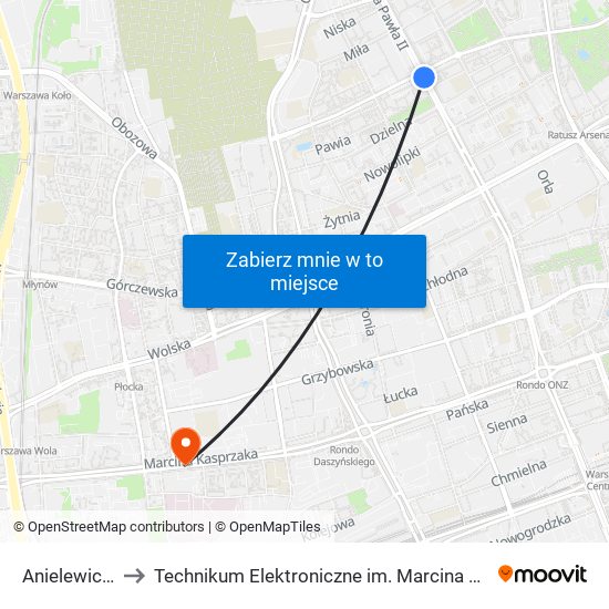 Anielewicza 06 to Technikum Elektroniczne im. Marcina Kasprzaka nr 36 map