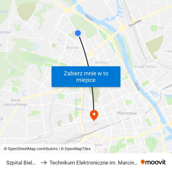 Szpital Bielański 03 to Technikum Elektroniczne im. Marcina Kasprzaka nr 36 map