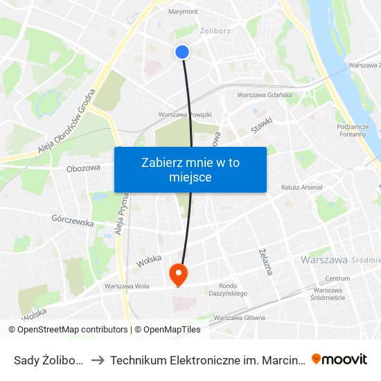 Sady Żoliborskie 03 to Technikum Elektroniczne im. Marcina Kasprzaka nr 36 map