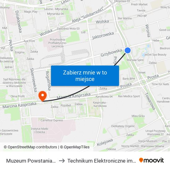 Muzeum Powstania Warszawskiego 06 to Technikum Elektroniczne im. Marcina Kasprzaka nr 36 map