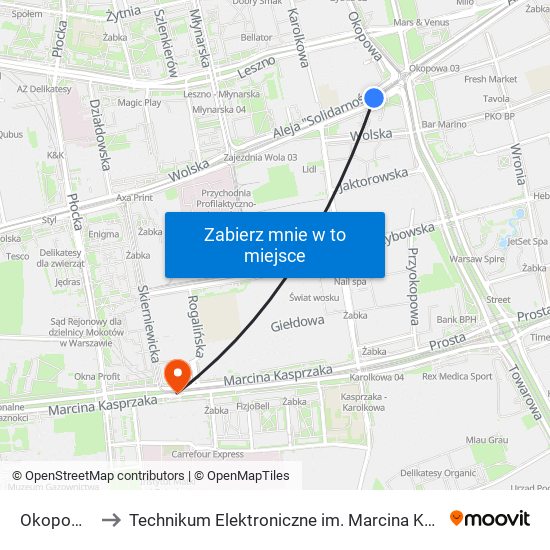 Okopowa 04 to Technikum Elektroniczne im. Marcina Kasprzaka nr 36 map