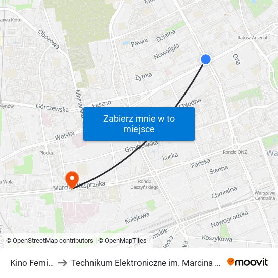 Kino Femina 09 to Technikum Elektroniczne im. Marcina Kasprzaka nr 36 map