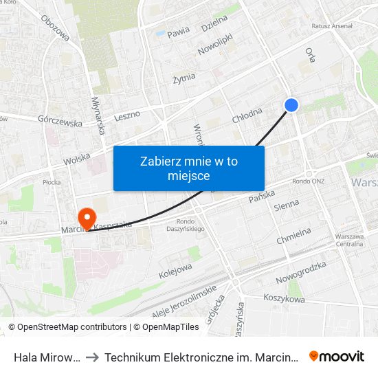 Hala Mirowska 03 to Technikum Elektroniczne im. Marcina Kasprzaka nr 36 map