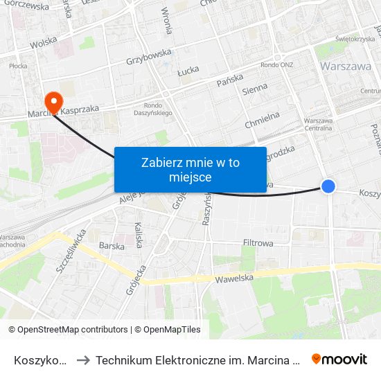 Koszykowa 03 to Technikum Elektroniczne im. Marcina Kasprzaka nr 36 map