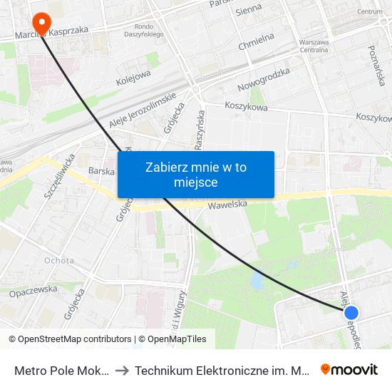 Metro Pole Mokotowskie 03 to Technikum Elektroniczne im. Marcina Kasprzaka nr 36 map