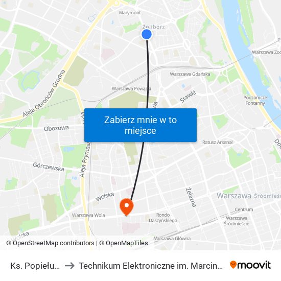 Ks. Popiełuszki 04 to Technikum Elektroniczne im. Marcina Kasprzaka nr 36 map