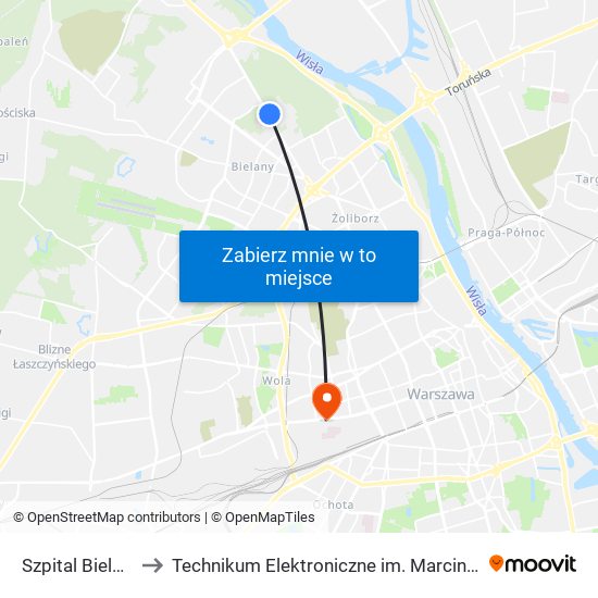 Szpital Bielański to Technikum Elektroniczne im. Marcina Kasprzaka nr 36 map