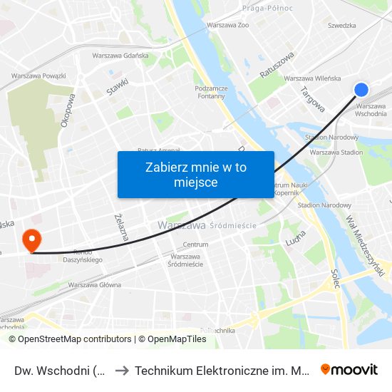 Dw. Wschodni (Kijowska) 01 to Technikum Elektroniczne im. Marcina Kasprzaka nr 36 map