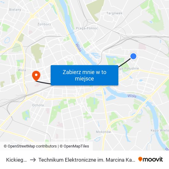 Kickiego 01 to Technikum Elektroniczne im. Marcina Kasprzaka nr 36 map