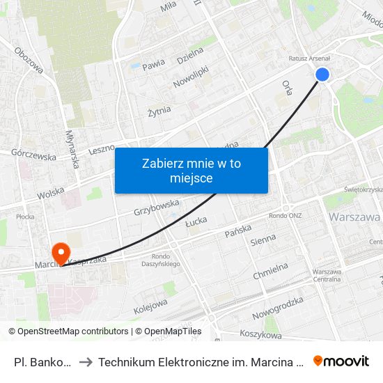 Pl. Bankowy 08 to Technikum Elektroniczne im. Marcina Kasprzaka nr 36 map