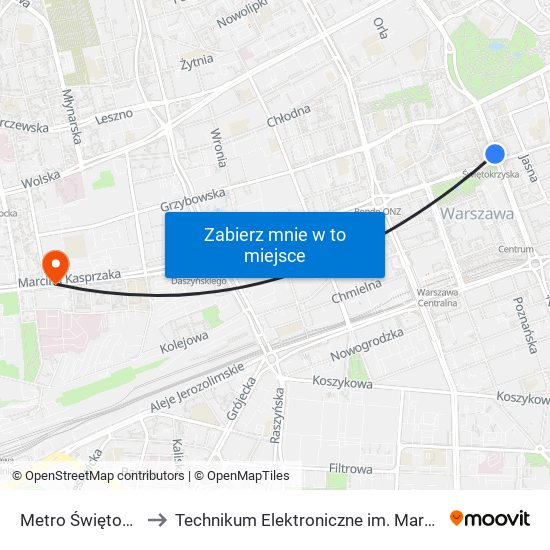 Metro Świętokrzyska 05 to Technikum Elektroniczne im. Marcina Kasprzaka nr 36 map