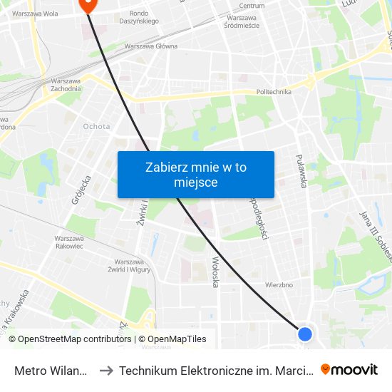 Metro Wilanowska 06 to Technikum Elektroniczne im. Marcina Kasprzaka nr 36 map