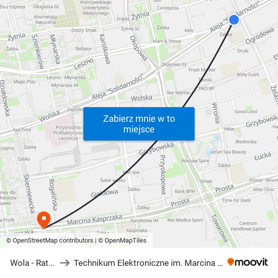 Wola - Ratusz 03 to Technikum Elektroniczne im. Marcina Kasprzaka nr 36 map