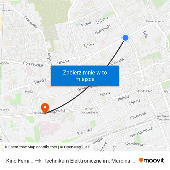 Kino Femina 05 to Technikum Elektroniczne im. Marcina Kasprzaka nr 36 map