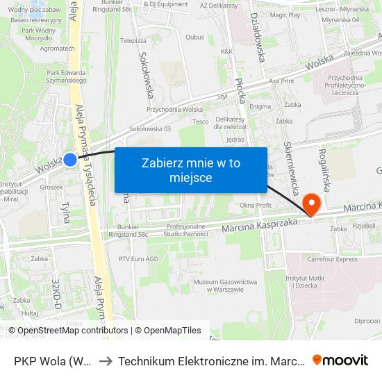 PKP Wola (Wolska) 03 to Technikum Elektroniczne im. Marcina Kasprzaka nr 36 map