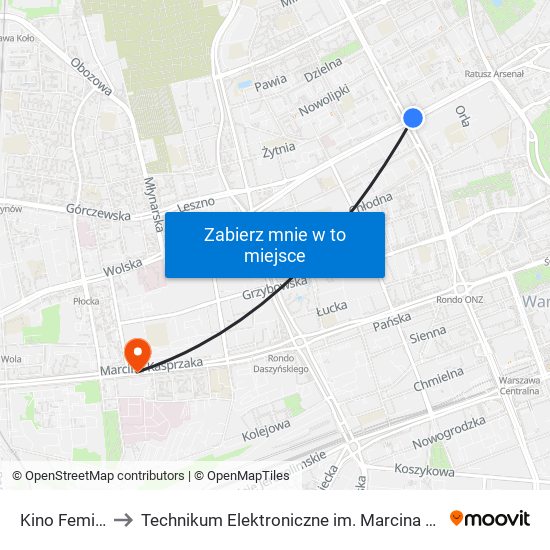 Kino Femina 06 to Technikum Elektroniczne im. Marcina Kasprzaka nr 36 map