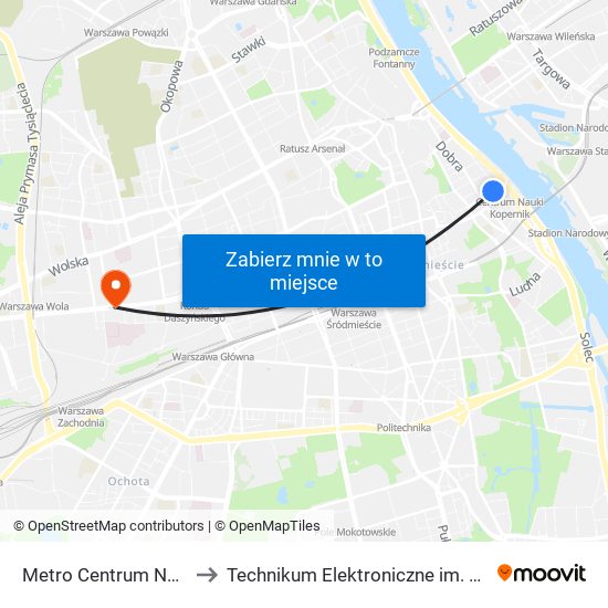 Metro Centrum Nauki Kopernik 04 to Technikum Elektroniczne im. Marcina Kasprzaka nr 36 map