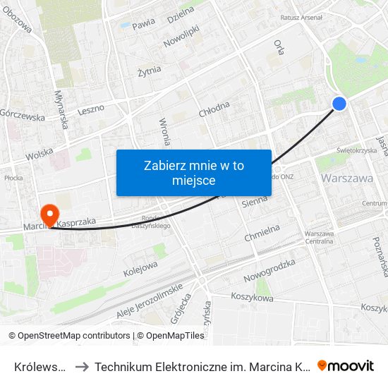 Królewska 04 to Technikum Elektroniczne im. Marcina Kasprzaka nr 36 map