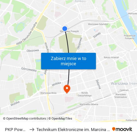 PKP Powązki 01 to Technikum Elektroniczne im. Marcina Kasprzaka nr 36 map