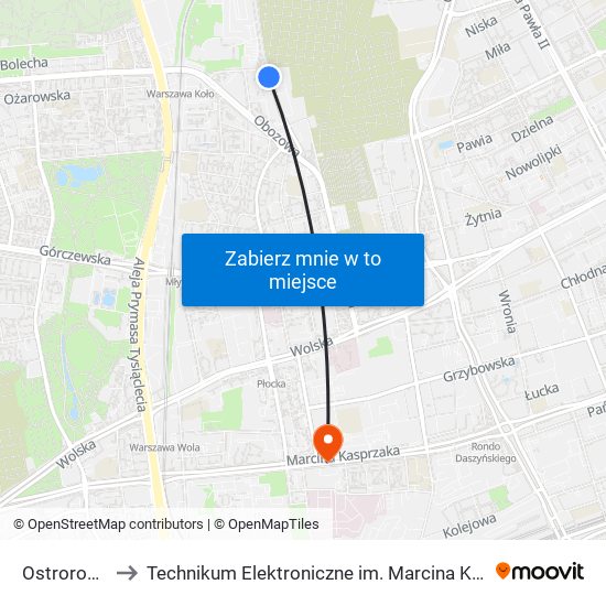 Ostroroga 01 to Technikum Elektroniczne im. Marcina Kasprzaka nr 36 map