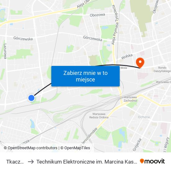 Tkaczy 01 to Technikum Elektroniczne im. Marcina Kasprzaka nr 36 map