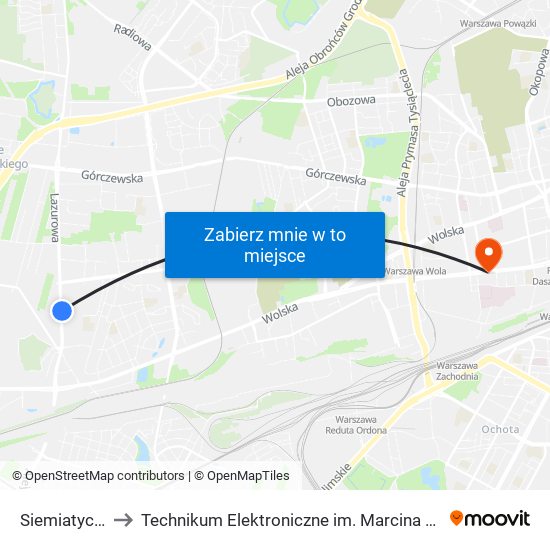 Siemiatycka 02 to Technikum Elektroniczne im. Marcina Kasprzaka nr 36 map