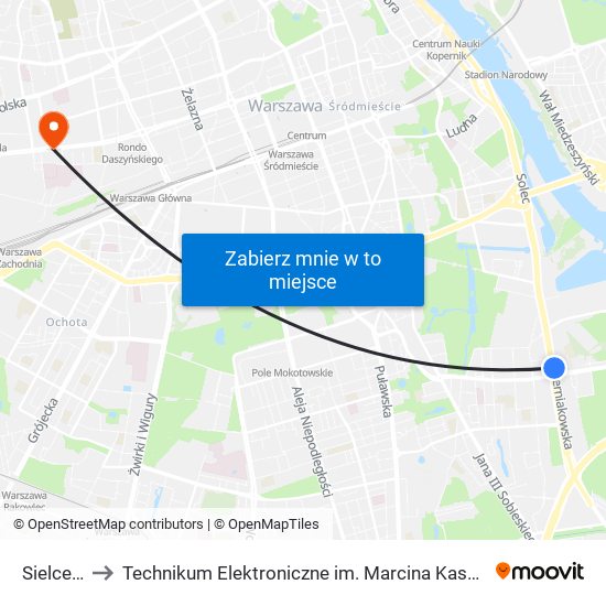 Sielce 02 to Technikum Elektroniczne im. Marcina Kasprzaka nr 36 map