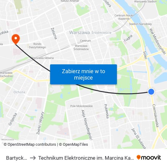 Bartycka to Technikum Elektroniczne im. Marcina Kasprzaka nr 36 map