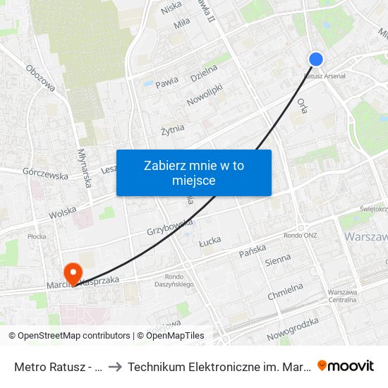 Metro Ratusz - Arsenał 02 to Technikum Elektroniczne im. Marcina Kasprzaka nr 36 map