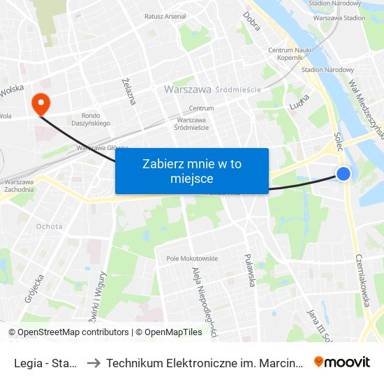 Legia - Stadion 01 to Technikum Elektroniczne im. Marcina Kasprzaka nr 36 map