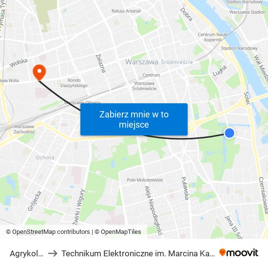 Agrykola 02 to Technikum Elektroniczne im. Marcina Kasprzaka nr 36 map