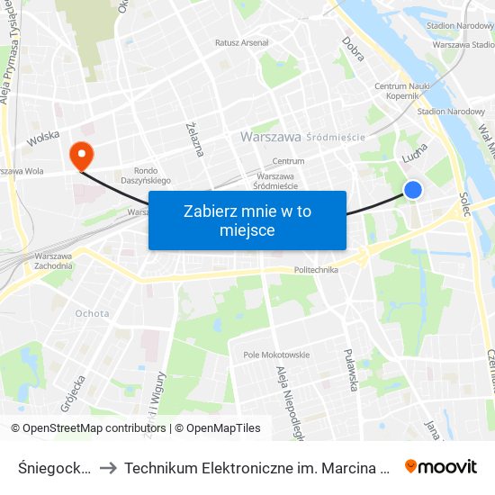 Śniegockiej 01 to Technikum Elektroniczne im. Marcina Kasprzaka nr 36 map