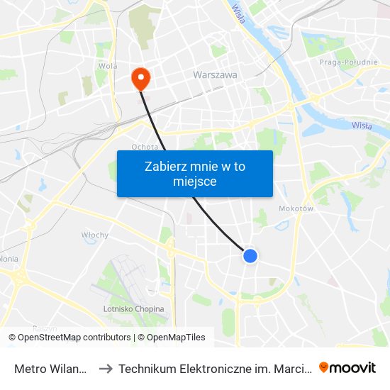 Metro Wilanowska 10 to Technikum Elektroniczne im. Marcina Kasprzaka nr 36 map