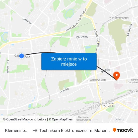 Klemensiewicza 01 to Technikum Elektroniczne im. Marcina Kasprzaka nr 36 map