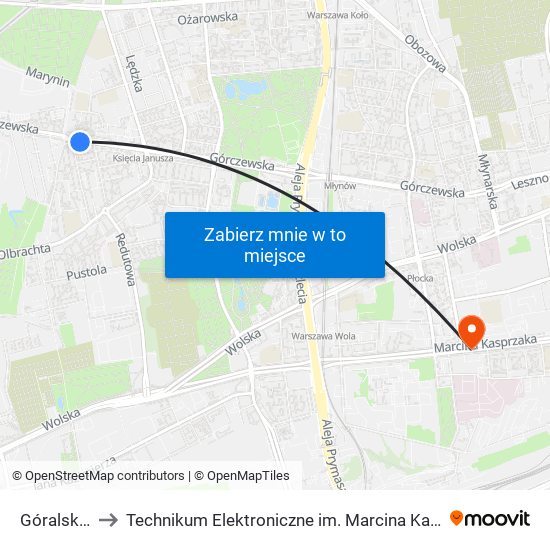 Góralska 01 to Technikum Elektroniczne im. Marcina Kasprzaka nr 36 map