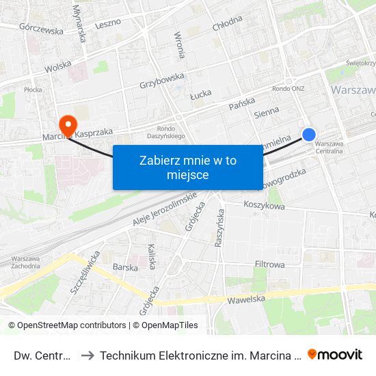 Dw. Centralny 03 to Technikum Elektroniczne im. Marcina Kasprzaka nr 36 map