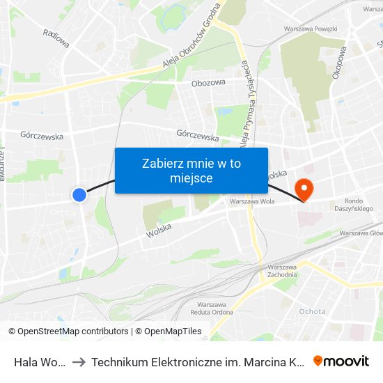 Hala Wola 02 to Technikum Elektroniczne im. Marcina Kasprzaka nr 36 map