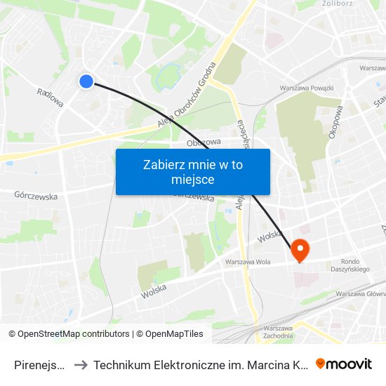 Pirenejska 01 to Technikum Elektroniczne im. Marcina Kasprzaka nr 36 map