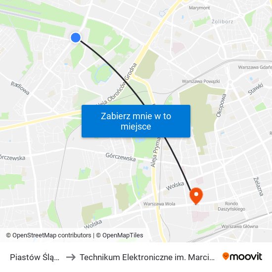 Piastów Śląskich 01 to Technikum Elektroniczne im. Marcina Kasprzaka nr 36 map