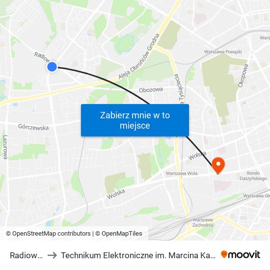 Radiowa to Technikum Elektroniczne im. Marcina Kasprzaka nr 36 map