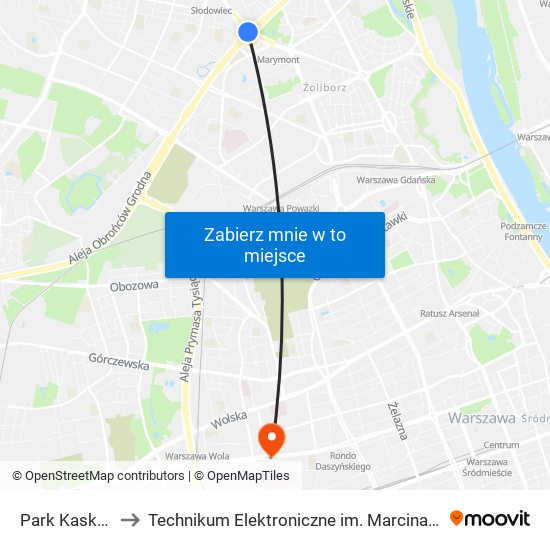 Park Kaskada to Technikum Elektroniczne im. Marcina Kasprzaka nr 36 map