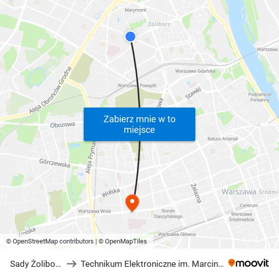 Sady Żoliborskie 02 to Technikum Elektroniczne im. Marcina Kasprzaka nr 36 map