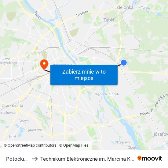 Potockich 02 to Technikum Elektroniczne im. Marcina Kasprzaka nr 36 map