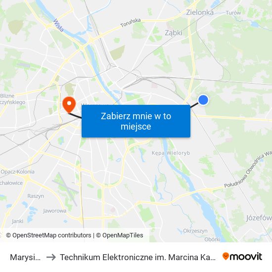 Marysin 02 to Technikum Elektroniczne im. Marcina Kasprzaka nr 36 map