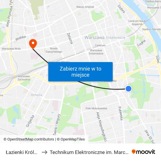 Łazienki Królewskie 02 to Technikum Elektroniczne im. Marcina Kasprzaka nr 36 map