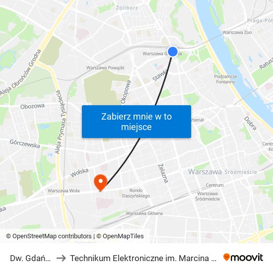 Dw. Gdański 01 to Technikum Elektroniczne im. Marcina Kasprzaka nr 36 map