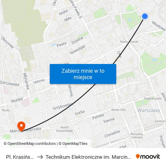 Pl. Krasińskich 01 to Technikum Elektroniczne im. Marcina Kasprzaka nr 36 map