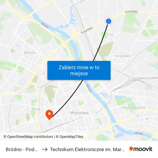 Bródno - Podgrodzie 03 to Technikum Elektroniczne im. Marcina Kasprzaka nr 36 map