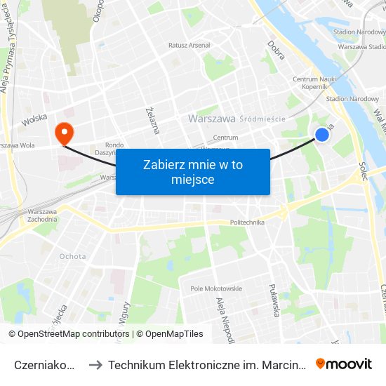 Czerniakowska 01 to Technikum Elektroniczne im. Marcina Kasprzaka nr 36 map